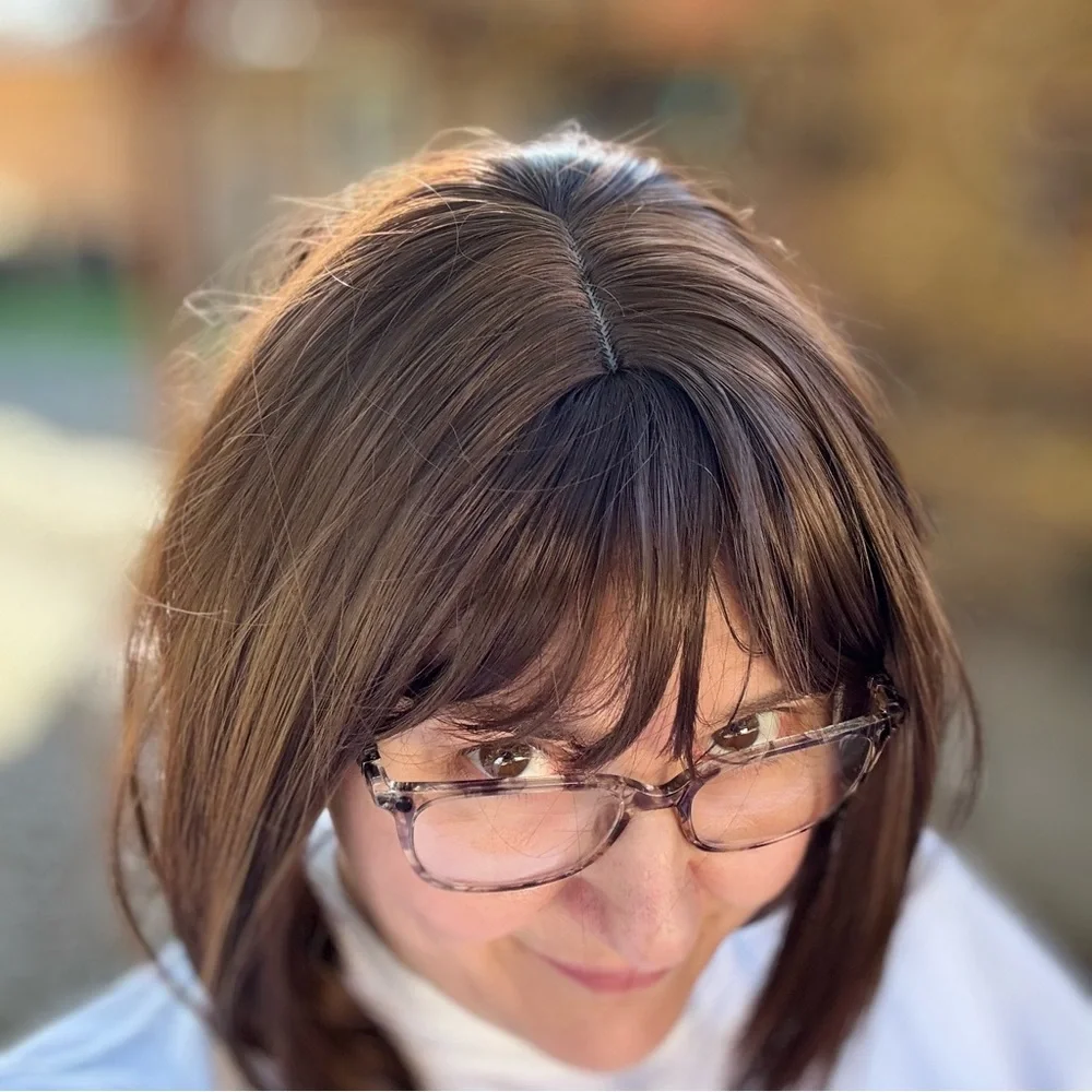 HUMAN HAIR TOPPER WIG LONG STRAIGHT BROWN CLIP IN GUC BANGS